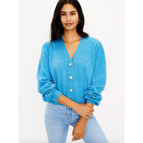 Loft Jeweled Button Cardigan Blue Long Sleeve‎ Sweater Glam Classic Size Large - Picture 1 of 11